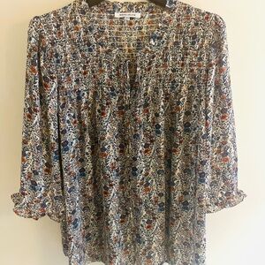 Rose & Olive Womens Button Up Top Plus 1X Blue Orange Pleated Blouse V-Neck